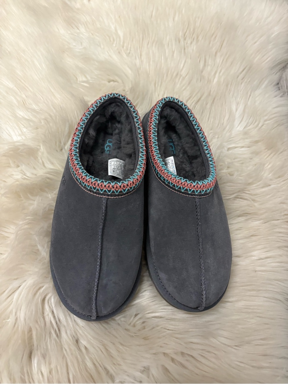 Nwob UGG Tasman II Dark Gray Suede Slip-On Slippers with Colorful Trim Sz 8